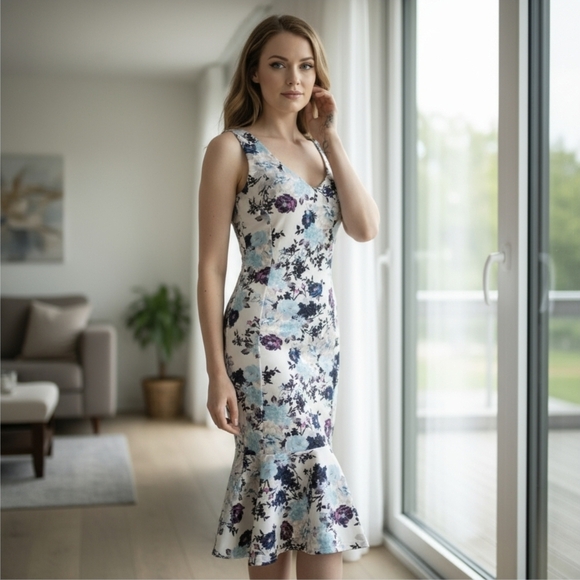 ASOS ✦ Floral Fishtail Midi Dress ✦ V-Neck Sleeveless Cream Blue Size 4 NWOT - Picture 14 of 16